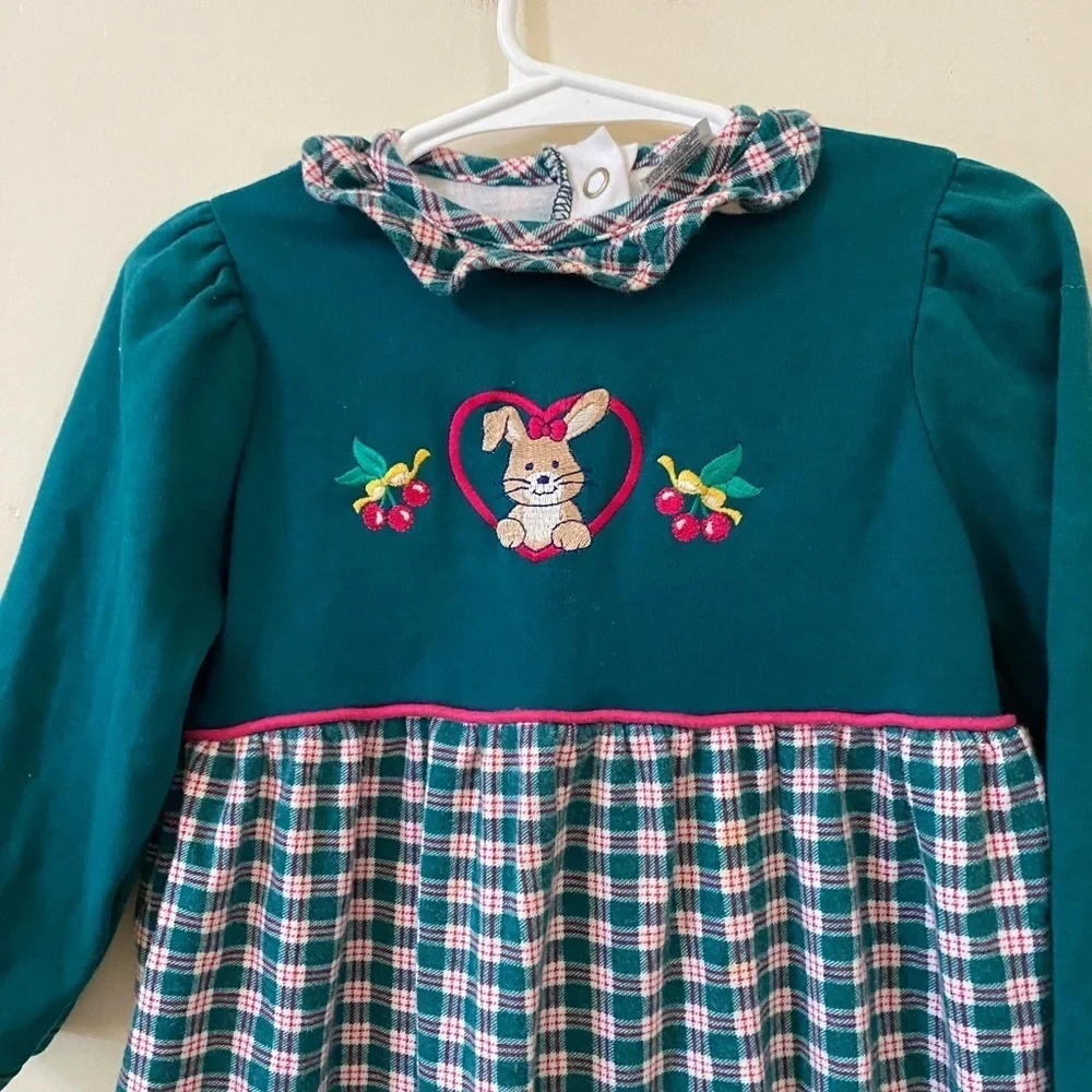 Vintage Healthtex Jumper 24 MO Embroidered Bunny Plaid Collar 100% Cotton